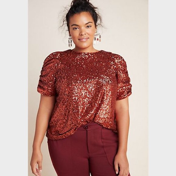 Anthropologie Tops - NWT Anthropologie A+ Marie Sequin Blouse Short Sleeve Top Red Orange 22W Plus